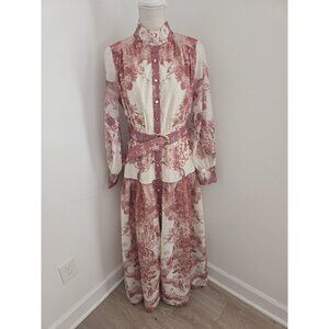 Floral Maxi Chinoiserie High Neck Belted Long Sleeves Mauve Pink Cream Dress M